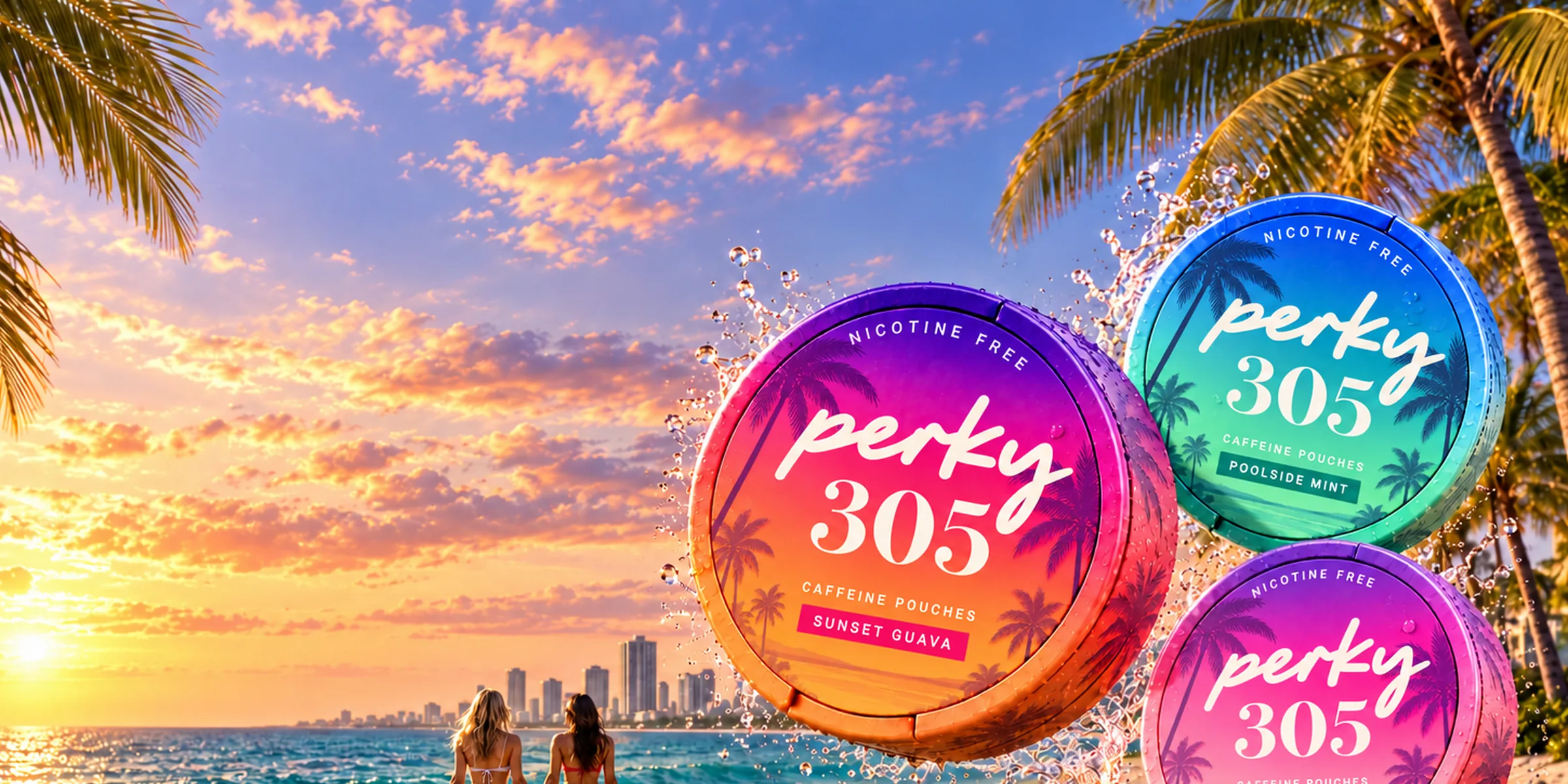 Three Perky flavors floating over a Miami beach at sunset, with palms and turquoise water
