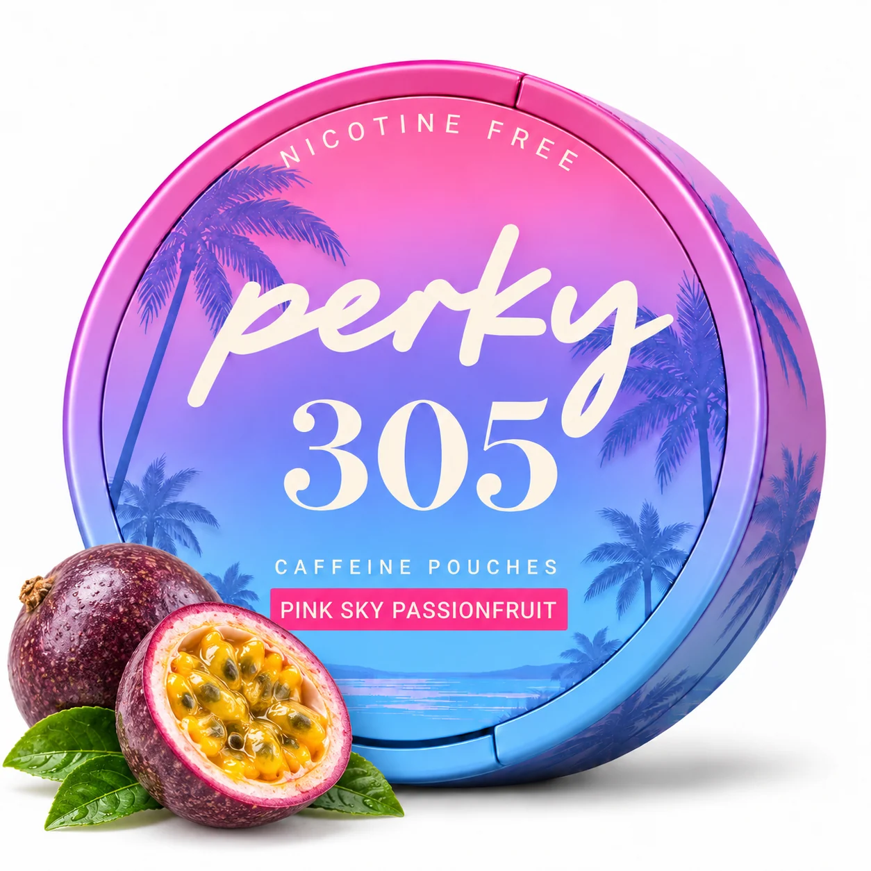 Perky Pink Sky Passionfruit caffeine pouch can with fruit
