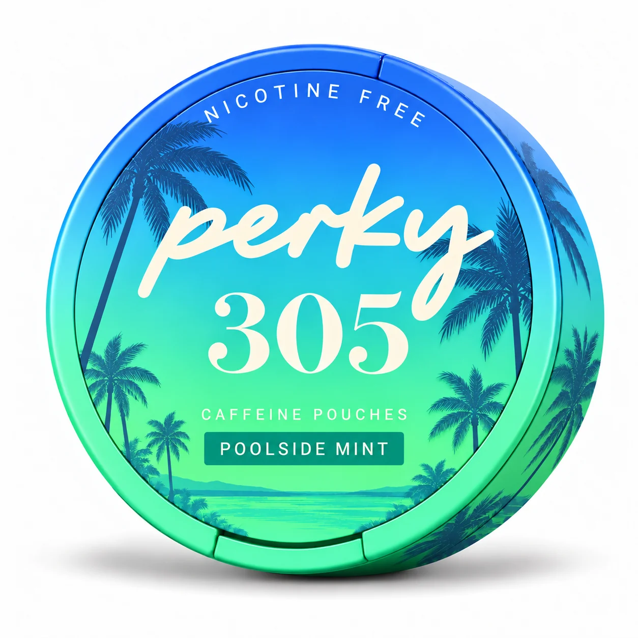 Perky Poolside Mint caffeine pouch can on white with a soft shadow